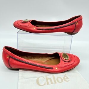Chloe Red Leather Ballet Flats w/Black Trim & Brass Logo Nameplate Vintage-38 EU